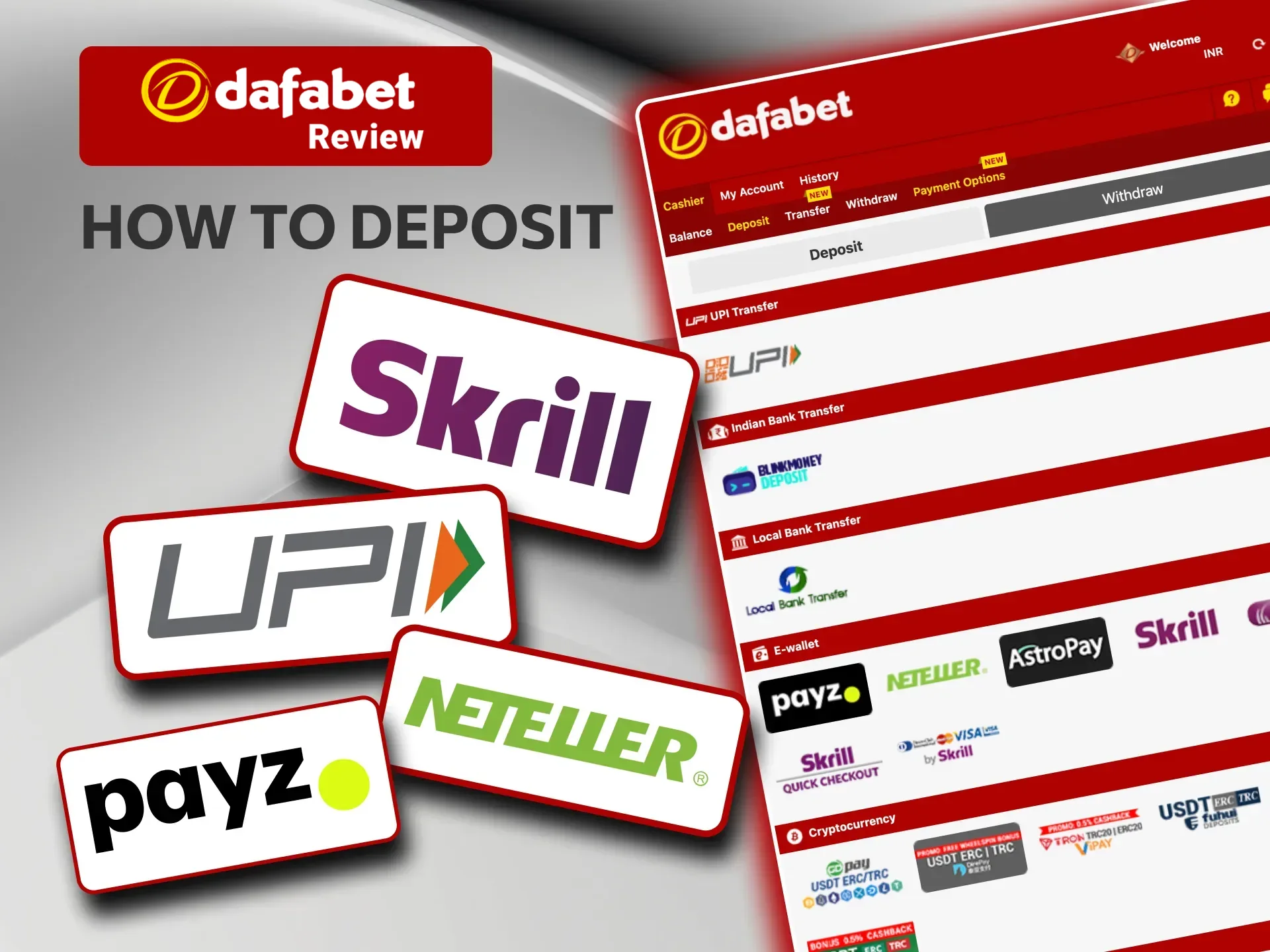 Fund your Dafabet Casino account easily with UPI, Skrill, Neteller, and more.